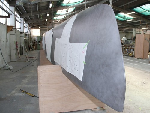 The AC72 hull in position ready to receive the main beam at Cookson Boats May 29, 2012 © Richard Gladwell www.photosport.co.nz